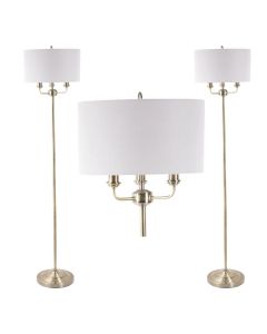 Pair of 3 Light Antique Brass Floor Standard Light with Grey Fabric Shade