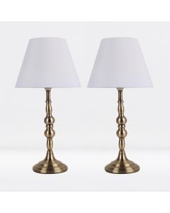 Set of 2 Antique Brass Plated Bedside Table Light with Candle Column White Fabric Shade