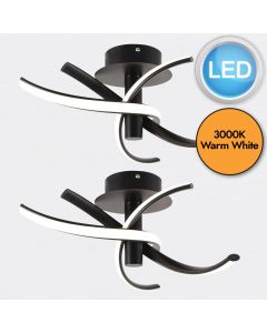 Set of 2 Matt Black LED Twist Ceiling Lights