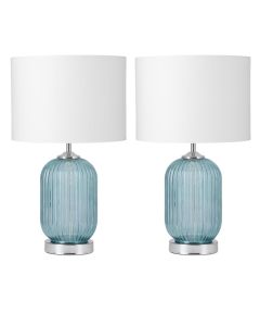 Set of 2 Turquoise Ribbed Glass Lamps with White Shades