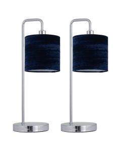 Set of 2 Chrome Arched Table Lamps with Navy Blue Crushed Velvet Shades