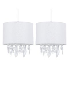 Set of 2 Fiji - White Linen with Silver Fleck Detail Jewelled Pendant Shades