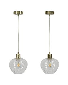 Set of 2 Bradson - Clear Swirl Glass with Satin Brass Pendant Fittings