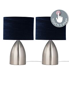 Set of 2 Valentina - Brushed Chrome Touch Lamps with Navy Crushed Velvet Shades