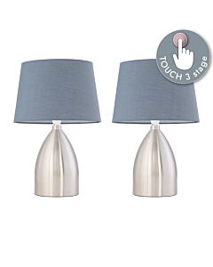 Set of 2 Valentina - Brushed Chrome Touch Lamps with Grey Cotton Shades