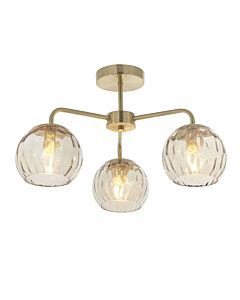 Endon Lighting - Dimple - 91968 - Satin Brass Clear Champagne Glass 3 Light Flush Ceiling Light