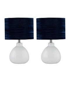 Set of 2 Tuscan - White Ceramic Lamps with Navy Crushed Velvet Shade