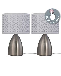 Set of 2 Valentina - Brushed Chrome Touch Lamps with White Cut Out Shades