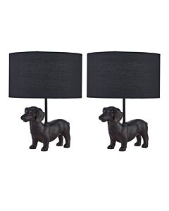 Set of 2 Ronnie - Dachshund Dog Lamps with Black Fabric Shades