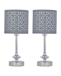 Set of 2 Chrome Jewelled Table Lamps with Grey Cut Out Shades