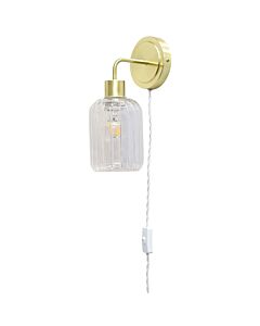 Toby - Satin Brass Plug in Wall Light with Lozenge Ribbed Glass Shade