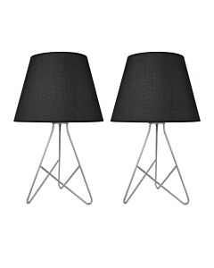 Set of 2 Tripod - Silver 42cm Table Lamps With Black Fabric Shades