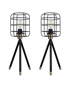 Set of 2 Cage - Black and Antique Brass Industrial Style Tripod Table Lamps