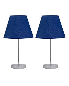 Set of 2 Chrome Stick Table Lamps with Navy Blue Fabric Shades