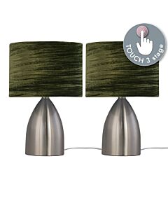 Set of 2 Valentina - Brushed Chrome Touch Lamps with Dark Green Crushed Velvet Shades