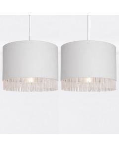 Set of 2 Off White Velvet With Chrome Inner Tassled Light Shades