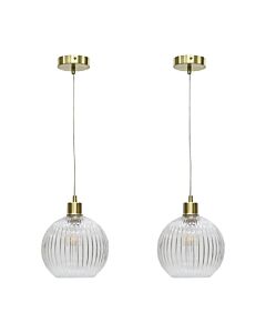 Set of 2 Betchley - Clear Ribbed Glass Globe with Satin Brass Pendant Fittings