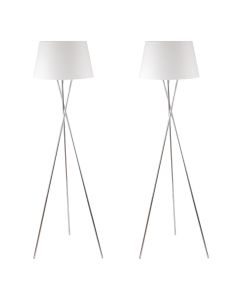 Pair Chrome Twist Tripod Floor Lamp with White Fabric Shade