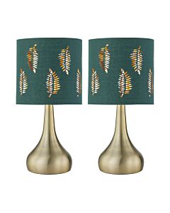Set of 2 Romana - Antique Brass Touch Table Lamps Green Fern Shades