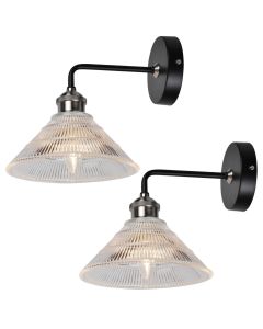 Set of 2 Matt Black With Fluted Glass Wall Lights