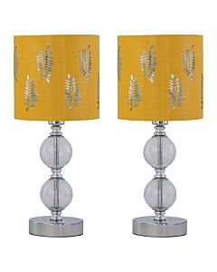 Set of 2 Chrome Two Ball Table Lamps with Ochre Mustard Fern Shades