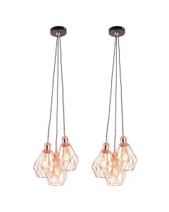 Set of 2 Matt Black & Copper Geometric 3 Light Cluster Pendants