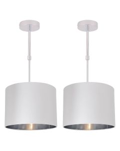 Set of 2 White Faux Silk 30cm Drum Light Ceiling Adjustable Flush Shade with Chrome Inner