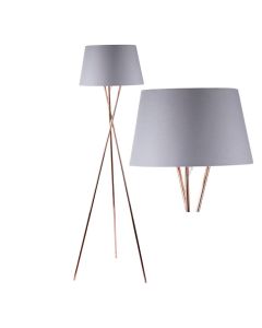 Copper Tripod Floor Lamp with Grey Fabric Shade