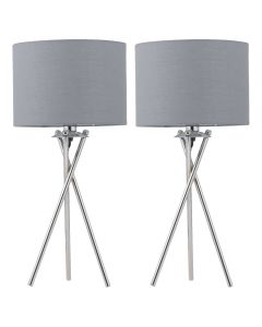 Set of 2 Chrome Tripod Table Lamps with Grey Cotton Shades