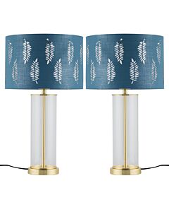 Set of 2 Aura - Satin Brass Lamps with Teal Fern Cut Out Shades