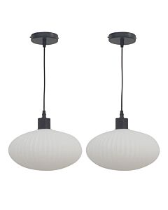 Set of 2 Baton - White Ribbed Oval Glass with Black Pendant Fittings