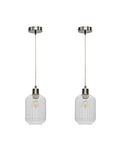 Set of 2 Batley - Clear Ribbed Glass with Satin Nickel Pendant Fittings