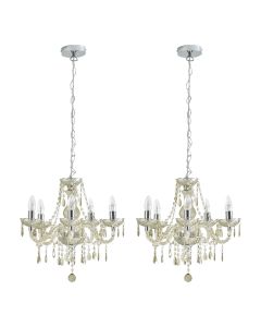 Set of 2 Marie Therese - Champagne and Chrome with Acrylic Jewels 5 Arm Chandeliers