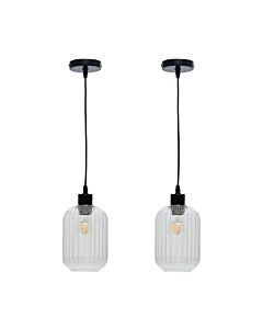 Set of 2 Batley - Clear Ribbed Glass with Black Pendant Fittings