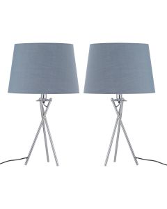 Set of 2 Tripod Table Lamps with Grey Cotton Fabric Shades