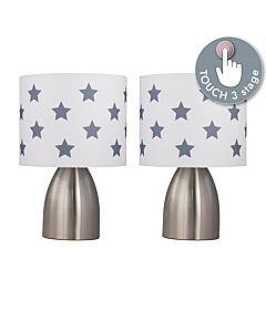 Set of 2 Valentina - Brushed Chrome Touch Lamps with White & Dark Grey Stars Shades