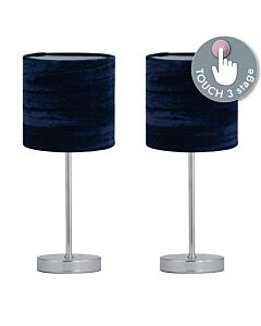 Set of 2 Chrome Touch Operated Table Lamp with Navy Blue Crushed Velvet Shades