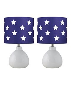 Set of 2 Tuscan - White Ceramic Lamps with Blue & White Stars Shade