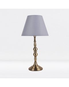 Antique Brass Plated Bedside Table Light with Candle Column Grey Fabric Shade