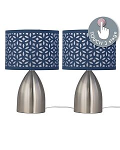 Set of 2 Valentina - Brushed Chrome Touch Lamps with Navy Blue Cut Out Shades