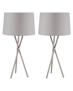Pair Grey Tripod Table Lamp with Grey Fabric Shade