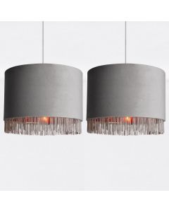 Set of 2 Grey Velvet With Copper Inner Tassled Light Shades