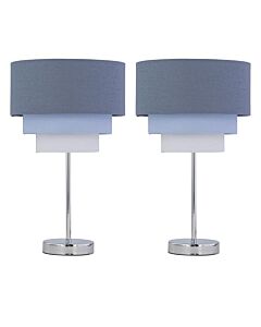 Set of 2 Chrome Stick Table Lamps with Tiered Blue Linen Shades