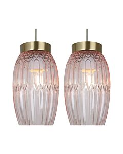 Set of 2 Facet - Antique Brass with Pink Faceted Glass Pendant Shades