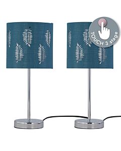 Set of 2 Chrome Touch Operated Table Lamps with Teal Fern Shades