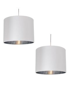 Pair of White Faux Silk 30cm Drum Light Shade with Chrome Inners