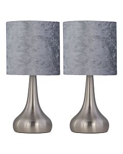 Set of 2 Romana - Brushed Chrome Touch Operated Table Lamps Bedside Lights Grey Crushed Velvet Shade