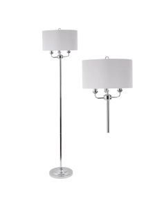 3 Light Chrome Floor Standard Light with Grey Fabric Shade