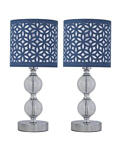 Set of 2 Chrome Two Ball Table Lamps with Navy Blue Cut Out Shades