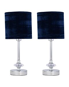 Set of 2 Chrome Jewelled Table Lamp with Navy Blue Crushed Velvet Shades